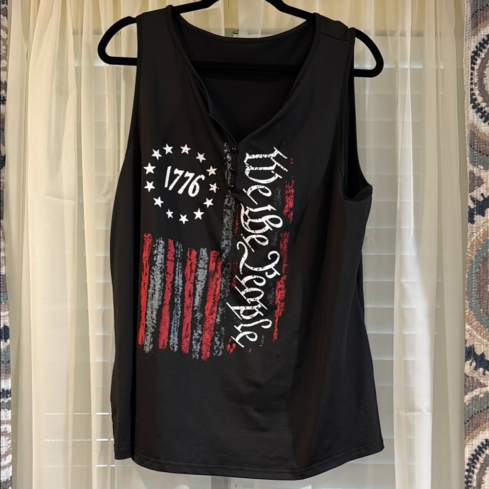 Black Sleeveless Top with Patriotic Print